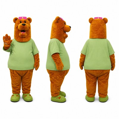 Bear Mascot Costume in Orange with Green Shirt Adult