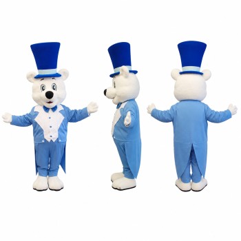 Bear Mascot Costume in White with Blue Tuxedo Adult