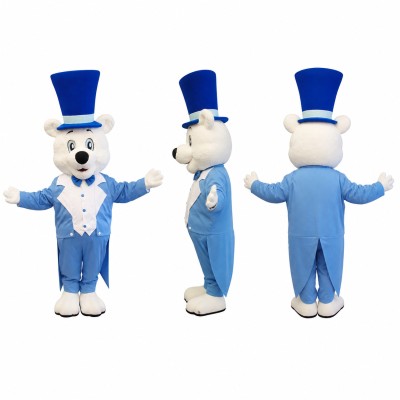 Bear Mascot Costume in White with Blue Tuxedo Adult