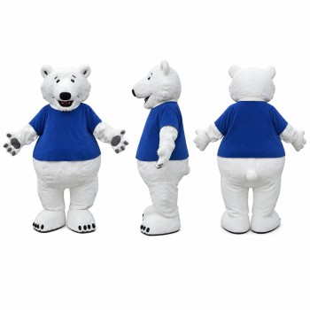 Polar Bear Mascot Costume in White with Blue Shirt Adult