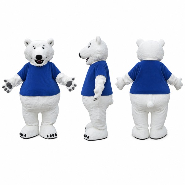 Polar Bear Mascot Costume in White with Blue Shirt Adult