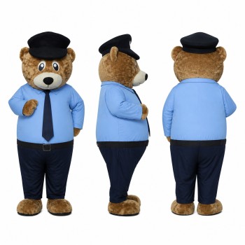 Bear Officer Mascot Costume in Brown with Blue Shirt and Tie Adult