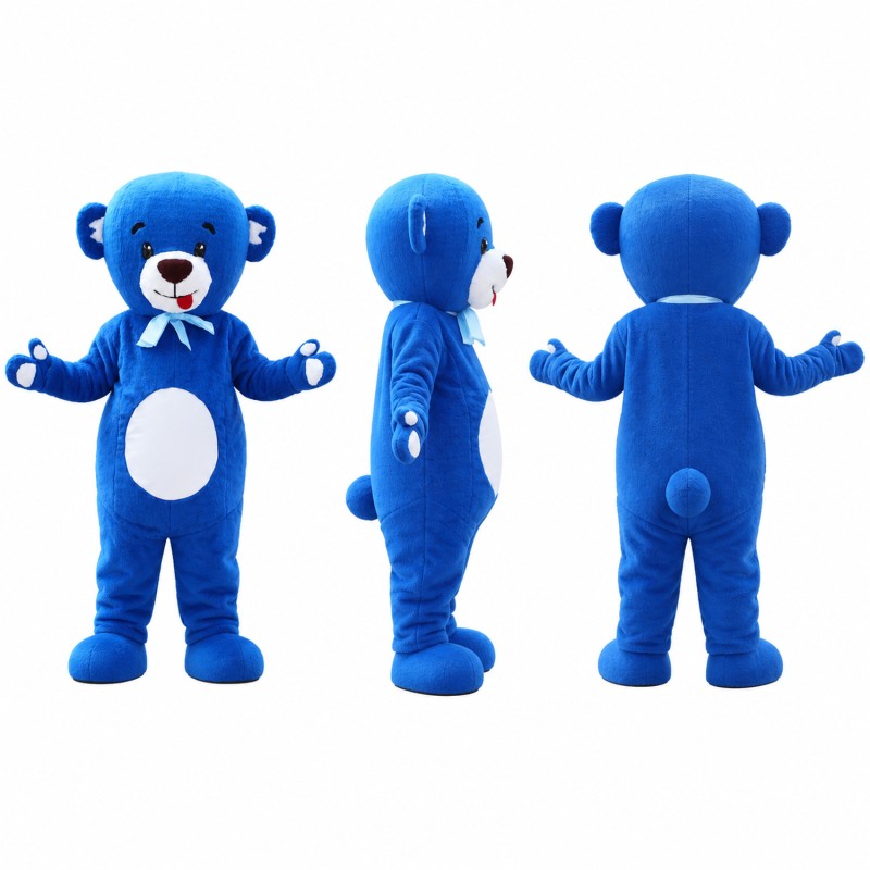 Bear Mascot Costume in Bright Blue with White Bow Tie Adult