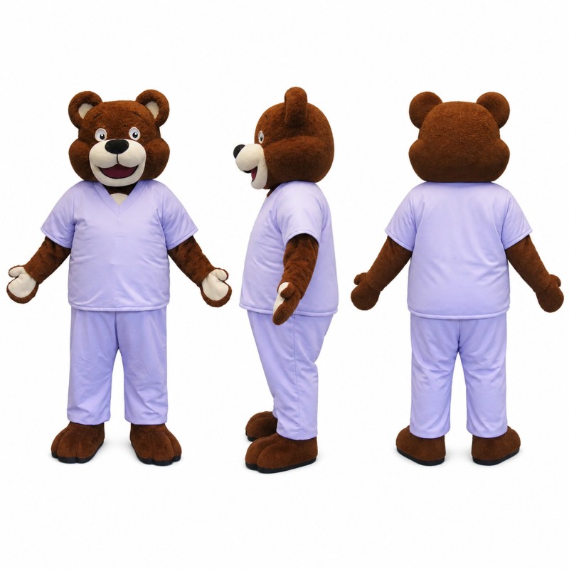 Bear Mascot Costume in Brown with Lavender Scrubs Adult