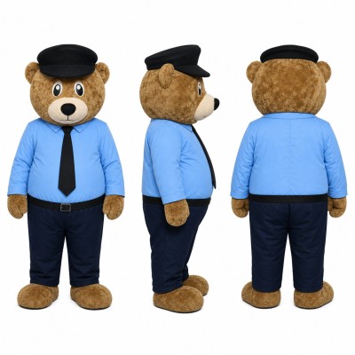 Bear Officer Mascot Costume in Brown with Blue Shirt and Tie Adult