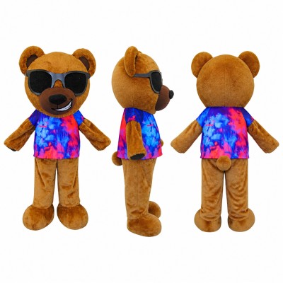 Bear Mascot Costume in Brown with Sunglasses and Tropical Shirt Adult