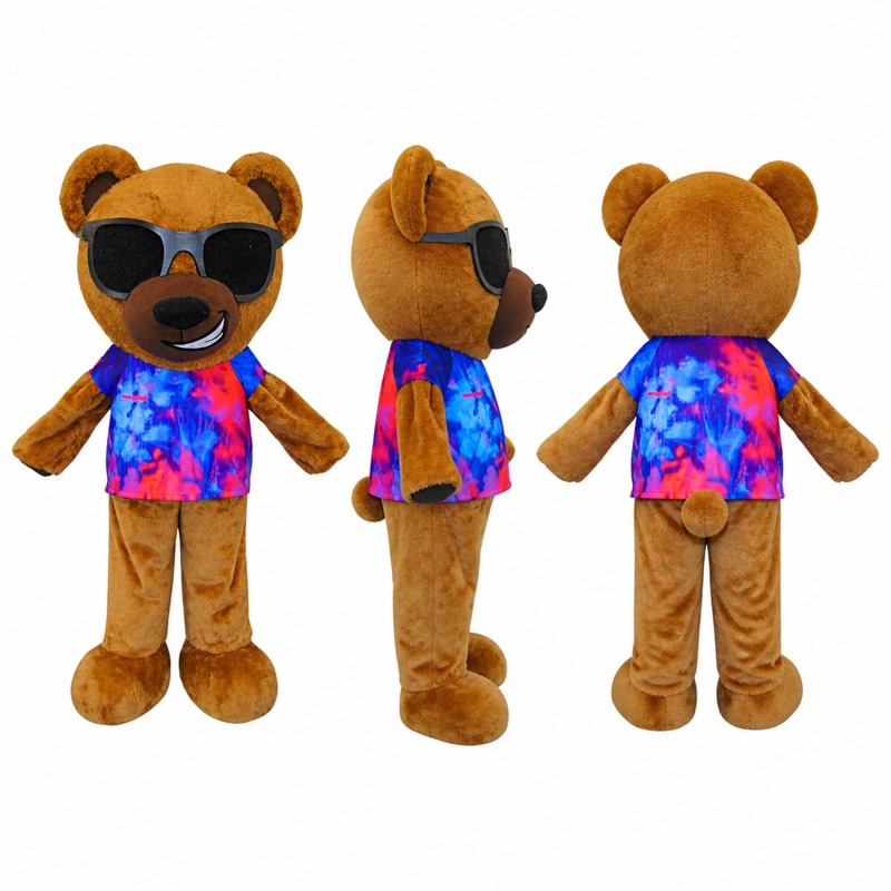Bear Mascot Costume in Brown with Sunglasses and Tropical Shirt Adult