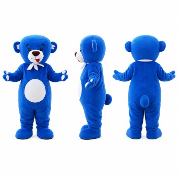 Bear Mascot Costume in Bright Blue with White Bow Tie Adult
