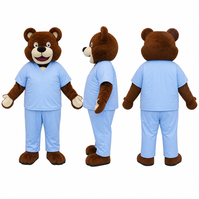 Bear Mascot Costume in Brown with Light Blue Scrubs Adult