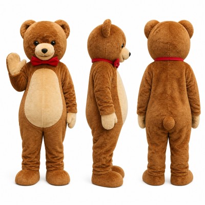 Brown Bear Mascot Costume with Red Scarf Adult