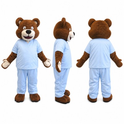 Bear Mascot Costume in Brown with Light Blue Scrubs Adult