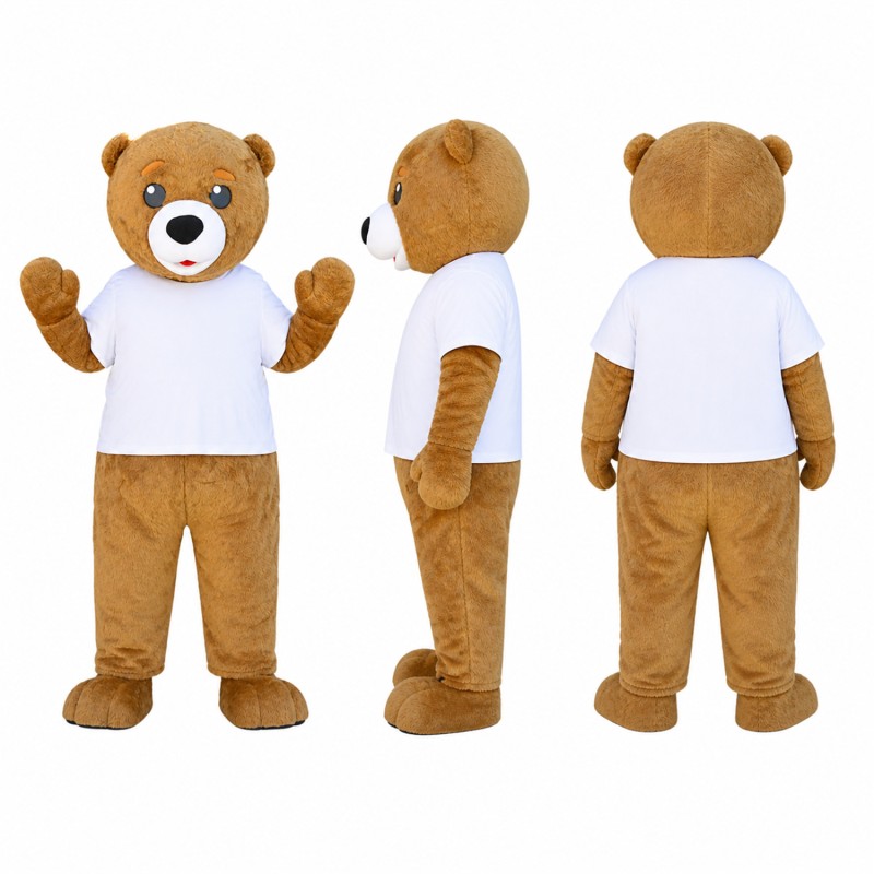 Bear Mascot Costume in Tan with White Shirt Adult