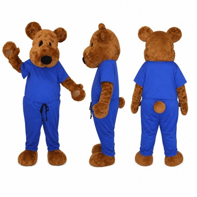 Bear Mascot Costume in Brown with Blue Overalls Adult