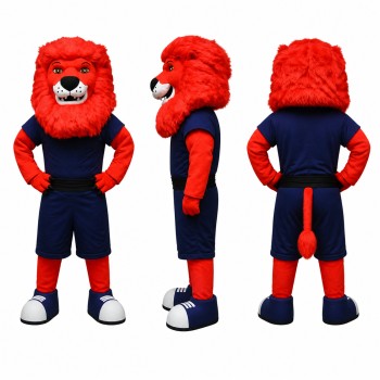 Lion Athlete Mascot Costume with Red Mane and Navy Uniform Adult