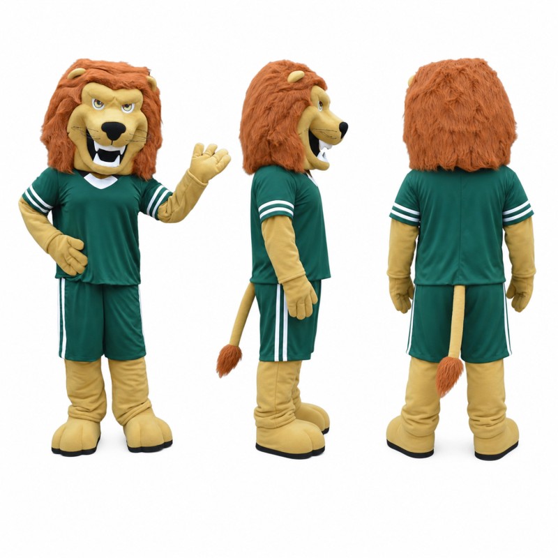 Lion Athlete Mascot Costume in Brown with Green Uniform Adult