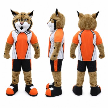 Lynx Athlete Mascot Costume in Tan with Orange Uniform Adult