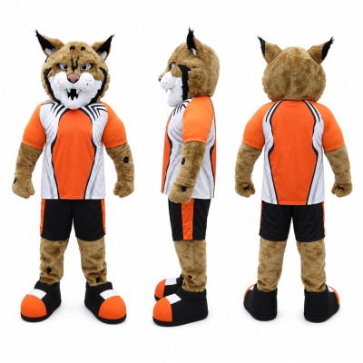 Lynx Athlete Mascot Costume in Tan with Orange Uniform Adult