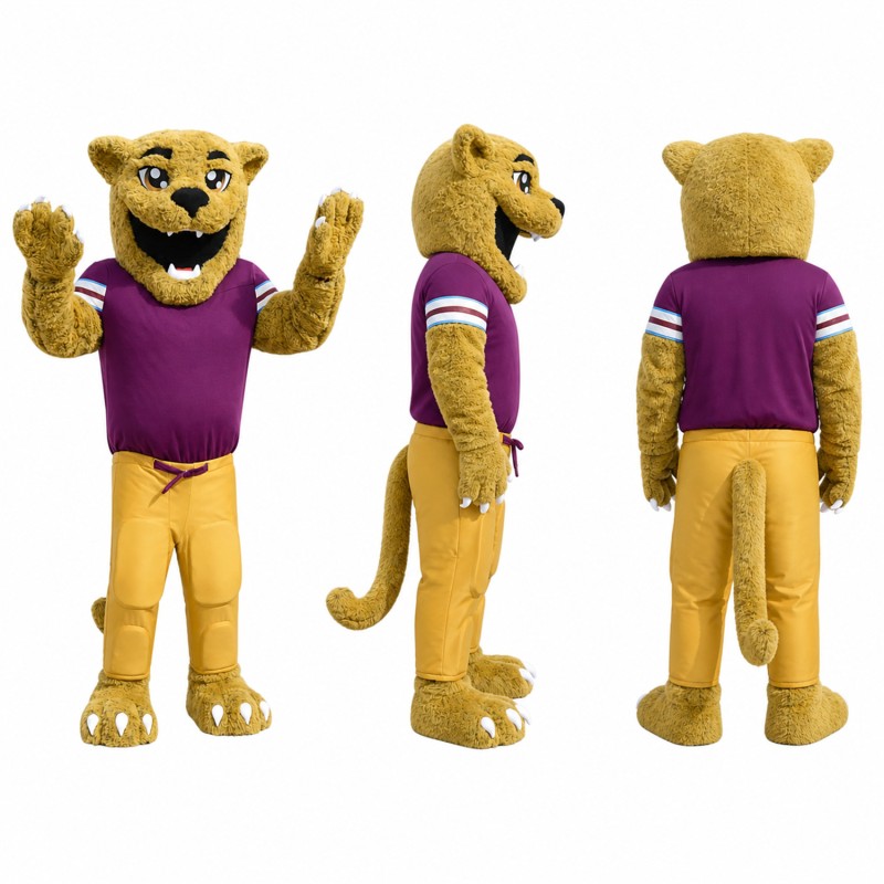 Lion Mascot Costume in Golden Brown with Purple Shirt Adult