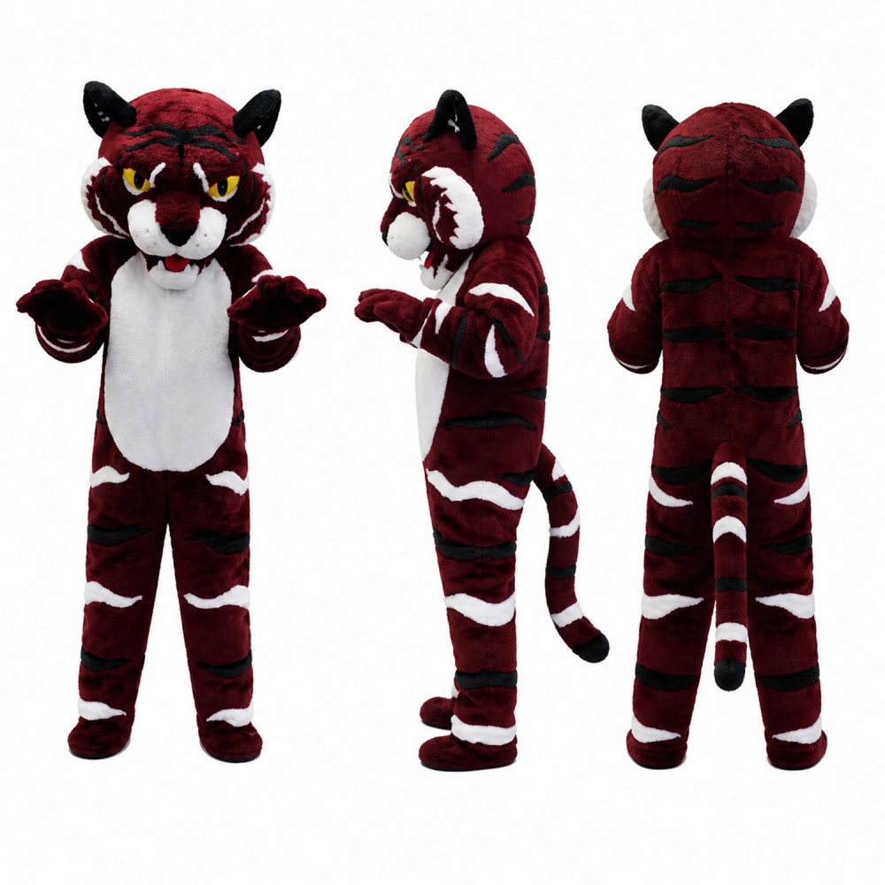 Tiger Mascot Costume in Burgundy and Black Stripes Adult Tiger Mascot Costume in Burgundy and Black Stripes Adult