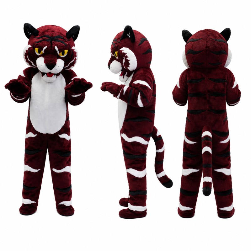Tiger Mascot Costume in Burgundy and Black Stripes Adult