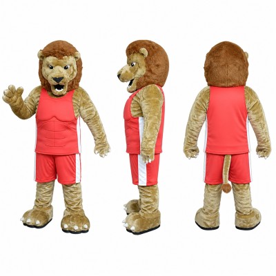 Lion Athlete Mascot Costume in Brown with Coral Uniform Adult