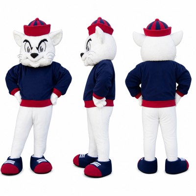 Cat Cowboy Mascot Costume in White with Navy Shirt Adult