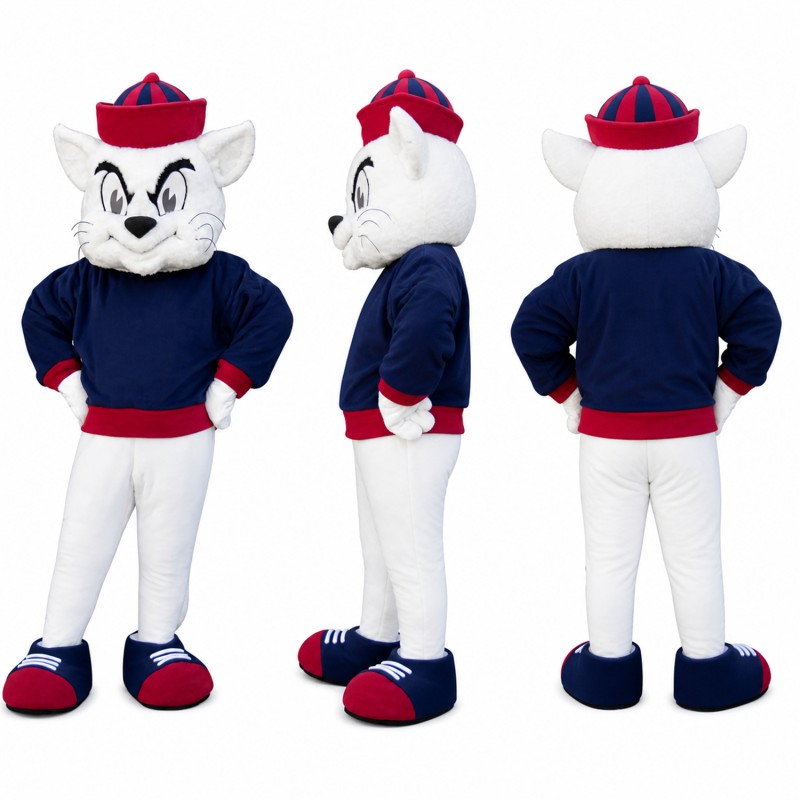 Cat Cowboy Mascot Costume in White with Navy Shirt Adult