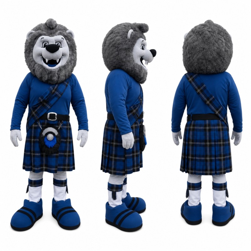 Lion Mascot Costume in Gray with Navy Tartan Kilt Adult