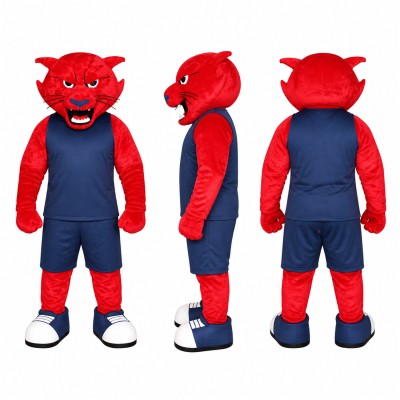 Panther Athlete Mascot Costume in Red with Navy Uniform Adult