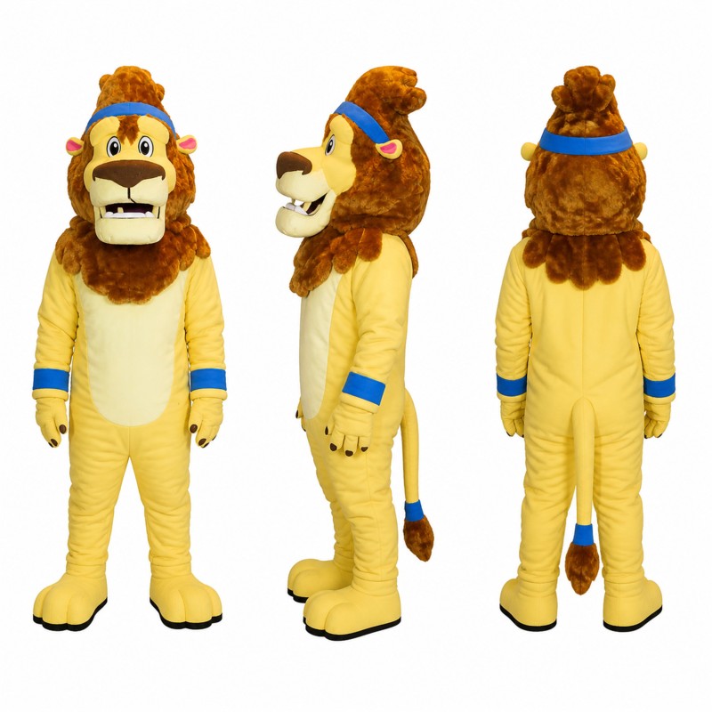 Lion Mascot Costume in Golden Yellow with Blue Headband Adult