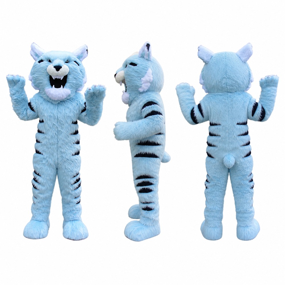 White Tiger Mascot Costume in Pale Blue with Dark Stripes Adult