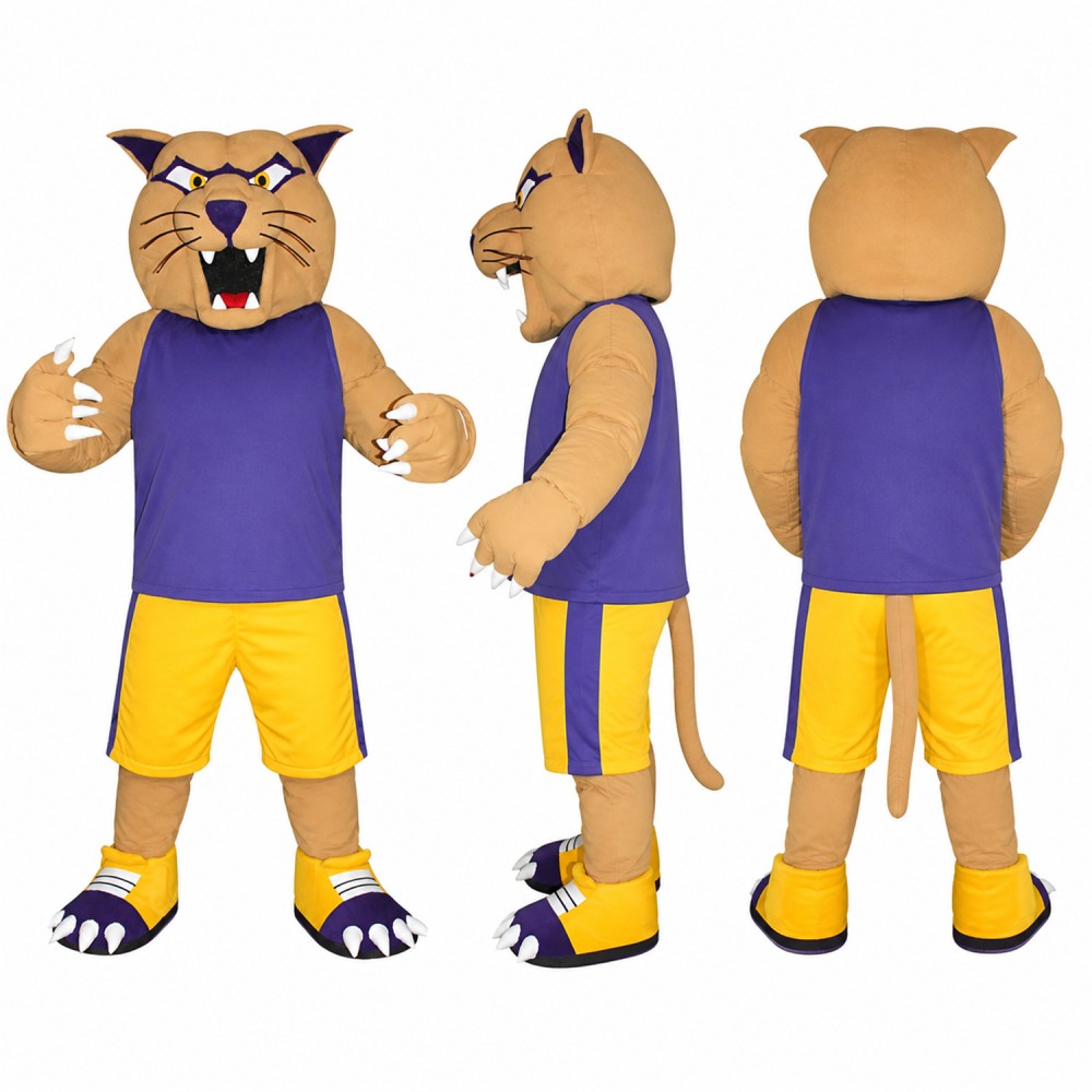 Wildcat Mascot Costume in Tan with Purple Shirt Adult Wildcat Mascot Costume in Tan with Purple Shirt Adult