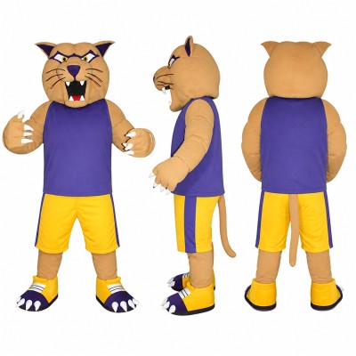 Wildcat Mascot Costume in Tan with Purple Shirt Adult