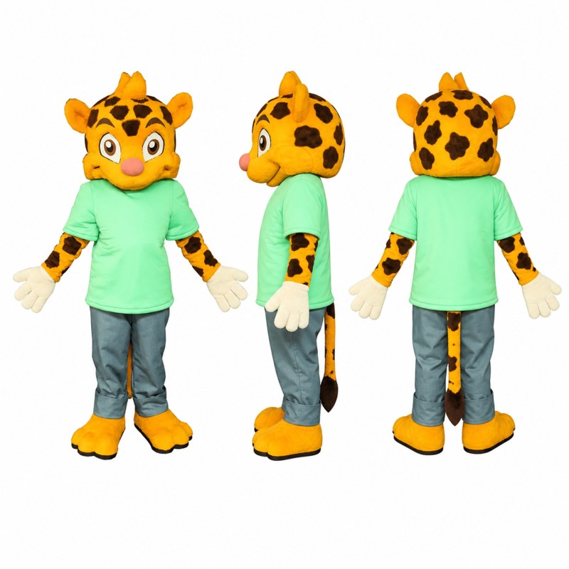 Leopard Mascot Costume in Yellow with Mint Shirt Adult
