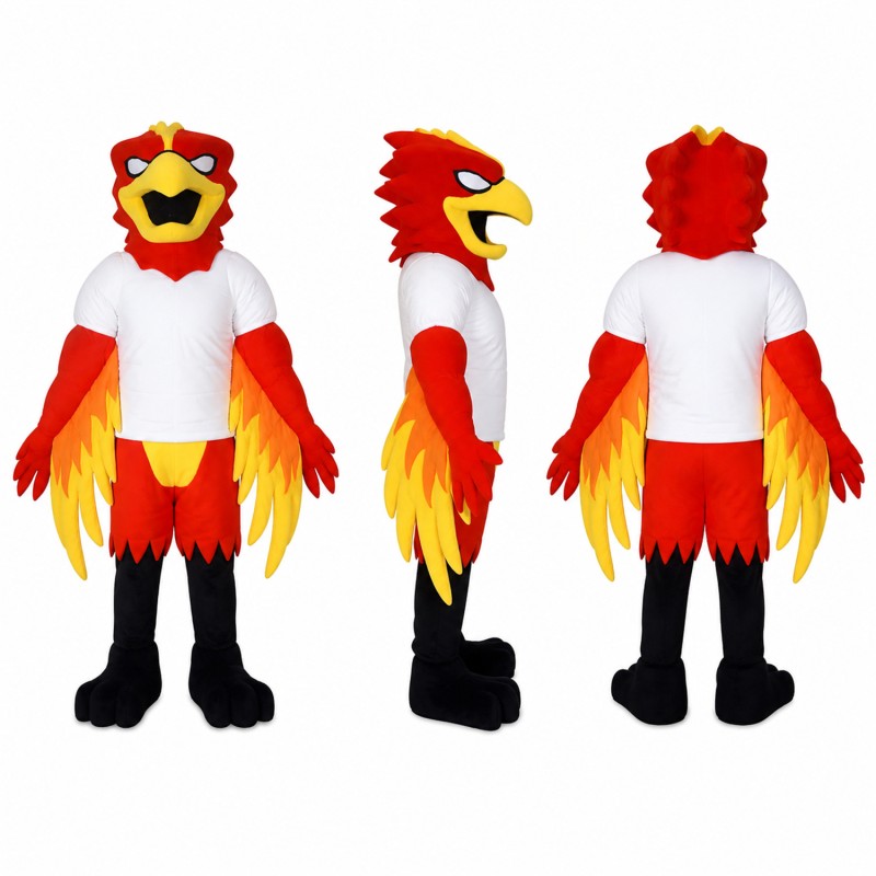 Bird Mascot Costume in Red and Yellow with White Shirt Adult