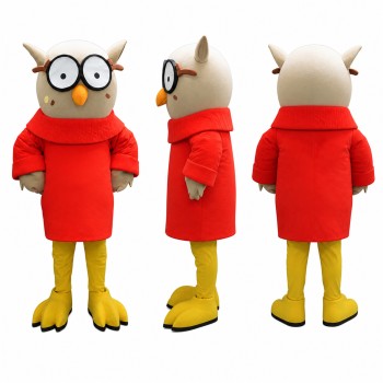 Owl Mascot Costume in Tan with Glasses and Red Dress Adult
