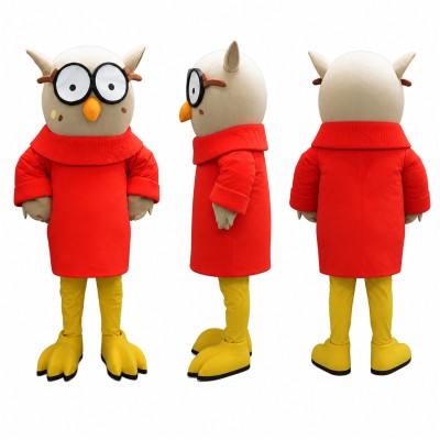 Owl Mascot Costume in Tan with Glasses and Red Dress Adult