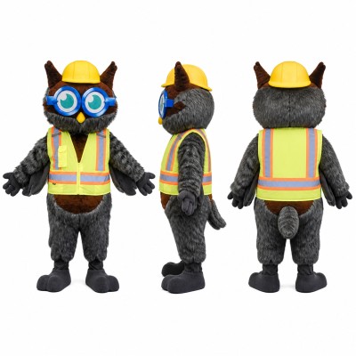 Owl Worker Mascot Costume in Gray with Neon Safety Vest Adult