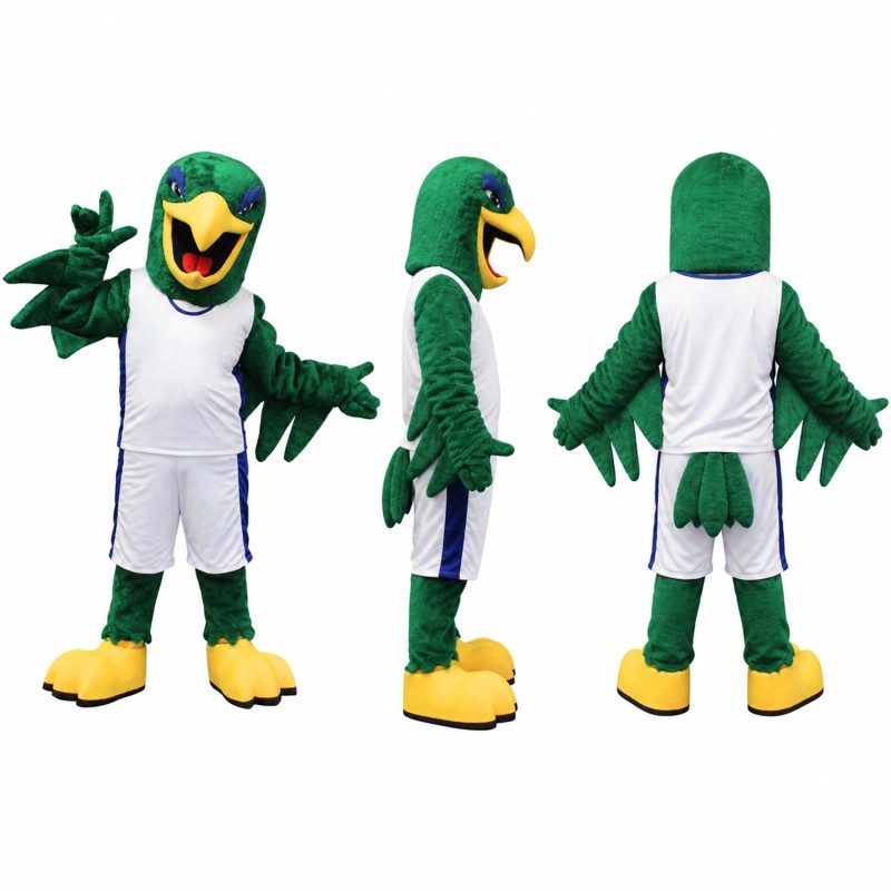 Parrot Athlete Mascot Costume in Green with White Uniform Adult