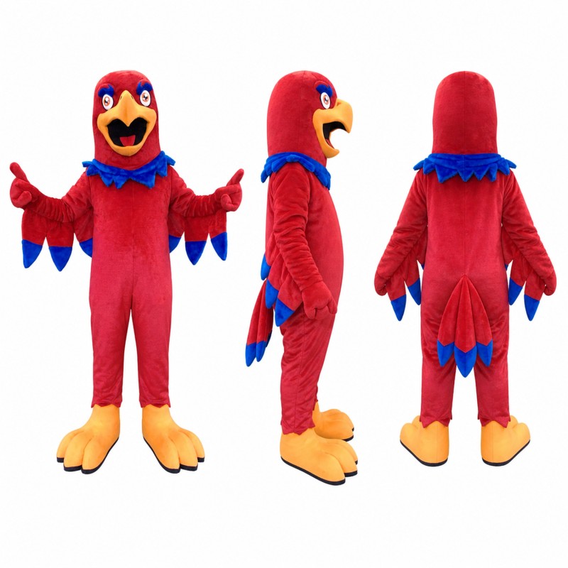 Parrot Mascot Costume in Red with Blue Wing Tips Adult