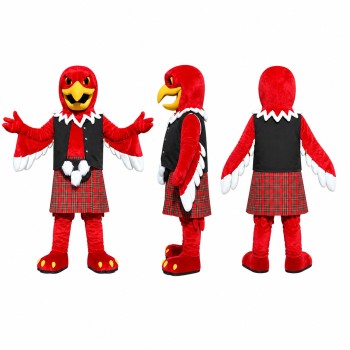 Bird Gentleman Mascot Costume in Red with Tartan Suit Adult