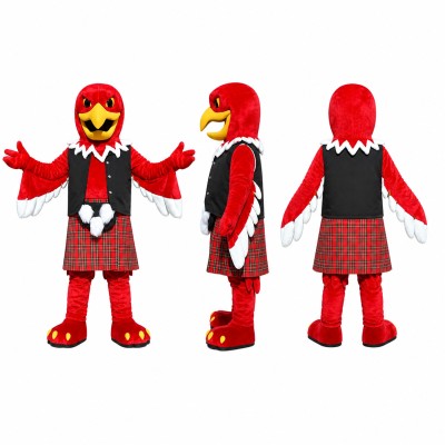 Bird Gentleman Mascot Costume in Red with Tartan Suit Adult