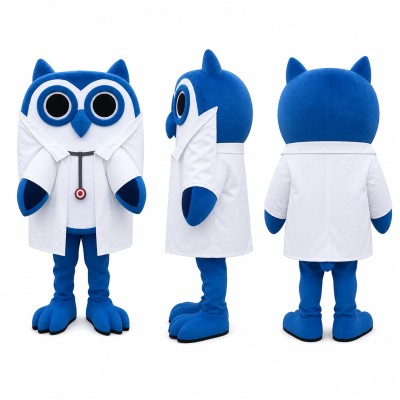 Owl Doctor Mascot Costume in Blue with White Lab Coat Adult