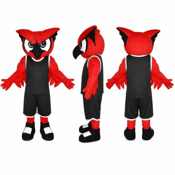 Owl Athlete Mascot Costume in Red with Black Uniform Adult