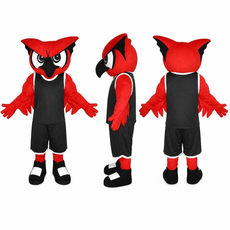 Owl Athlete Mascot Costume in Red with Black Uniform Adult