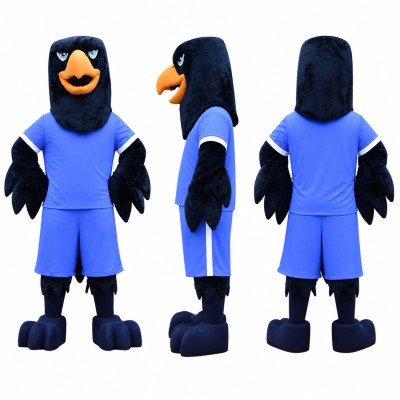 Crow Athlete Mascot Costume in Black with Blue Uniform Adult