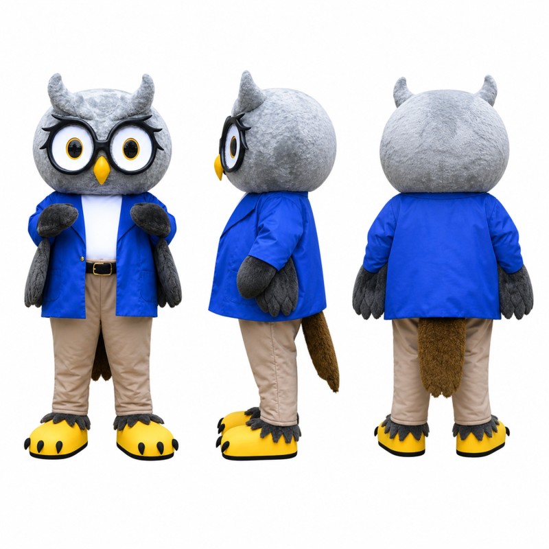 Owl Mascot Costume in Gray with Blue Jacket Adult
