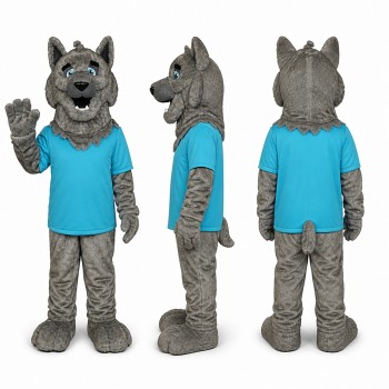 Wolf Mascot Costume in Gray with Teal Shirt Adult