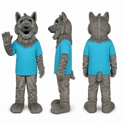 Wolf Mascot Costume in Gray with Teal Shirt Adult