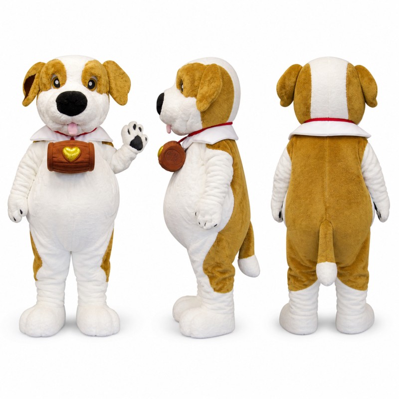 Bulldog Superhero Mascot Costume in White with Red Cape Adult